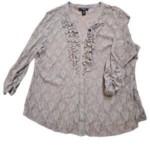 Style & Co-Taupe Stretch Nylon V-Neck 3/4 Sleeve Lace Blouse Sheer Size 3X